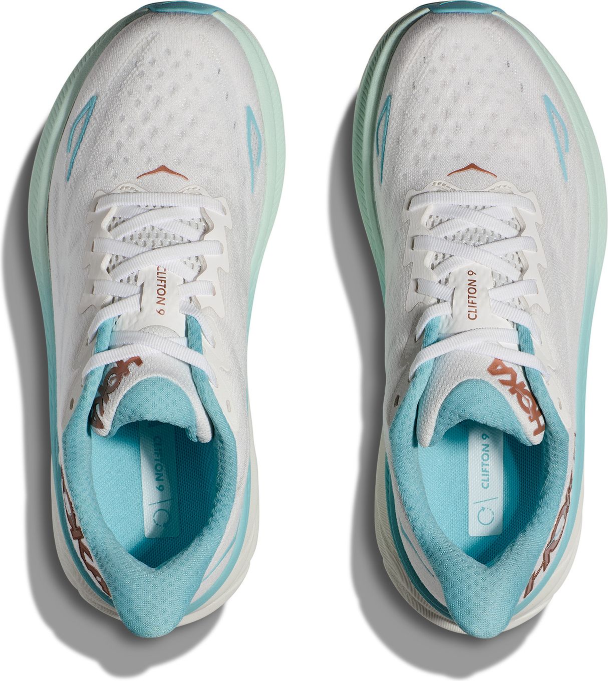 Hoka Clifton 9 Running Shoes White / Blue / Gold Women display picture 1