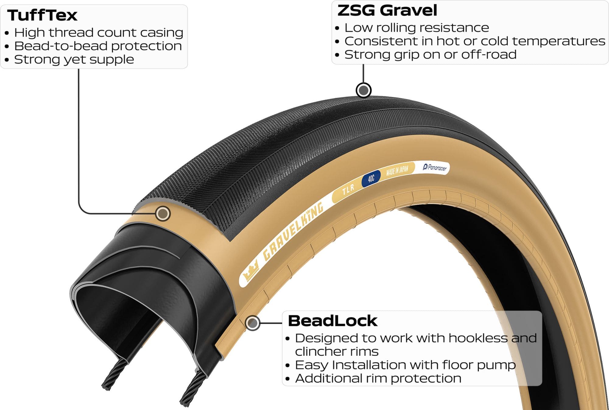 Panaracer GravelKing Gravel Tire 650b Tubeless Ready Folding ZSG Gravel Compound BeadLock TuffTex Black Beige Sidewall Alltricks