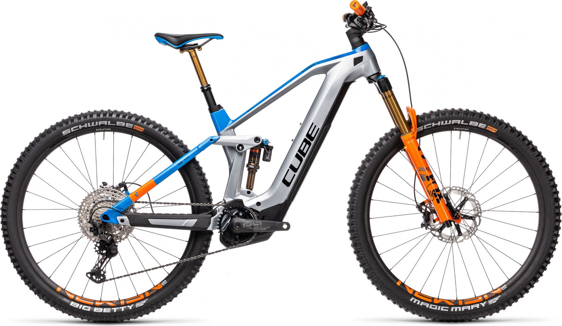 Cube Stereo Hybrid 140 HPC Actionteam 625 Nyon Electric Full Suspension MTB  Shimano XT 12S 625 Wh 29'' Actionteam Grey Blue Orange 2021