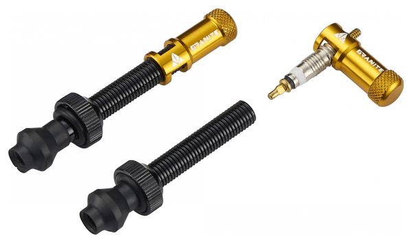 Pair of Granite Design Juicy Nipple Tubeless Valves 80 mm with Gold Shell Removal Plugs