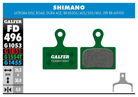 Galfer FD496 G1554T Pro Semi-Metallic Brake Pads for Shimano Tiagra / 105 / Ultegra / Dura-Ace / GRX / Metrea / XTR / RS305-405-505-805 Disc Brakes
