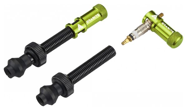Pair of Granite Design Juicy Nipple Tubeless Valves 80 mm with Green Shell Removal Plugs