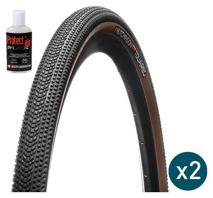 Lot Pneus Gravel Hutchinson Touareg 700 mm Tubeless Ready Souple Reinforced+ Flancs Beiges Tan + Préventif Protect'Air