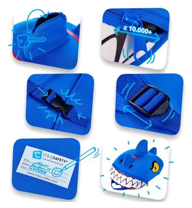 Sac à dos Dragon Bleu pour la maternelle ou l'école pour enfants de 2 à 6 ans. Crazy Safety Design en néoprène  porte-nom et bretelles réglables.