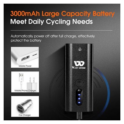 Lampe de vélo rechargeable USB étanche  affichage de batterie