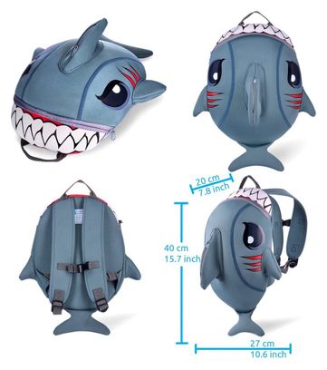 Sac à dos Requin Gris pour la maternelle ou l'école pour enfants de 2 à 6 ans. Crazy Safety Design en néoprène  porte-nom et bretelles réglables.