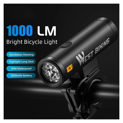 Lampe avant de vélo LED lumineuse 2000 lumens rechargeable