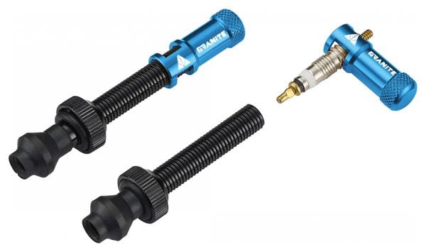 Pair of Granite Design Juicy Nipple Tubeless Valves 80 mm with Blue Shell Removal Plugs