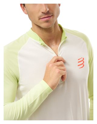 T-Shirt Running 1/2 Zip Compressport Winter Blanc/Vert Homme