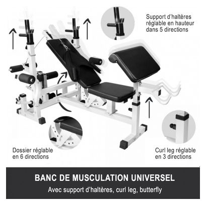 Banc de musculation universel Blanc GS005 avec supports et set d'haltères en fonte de 105 5 KG