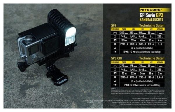 Nitecore Camera Light et la lampe Action-Cam à piles GP3 sont compatibles avec les modèles GoPro à DEL blanches CREE...