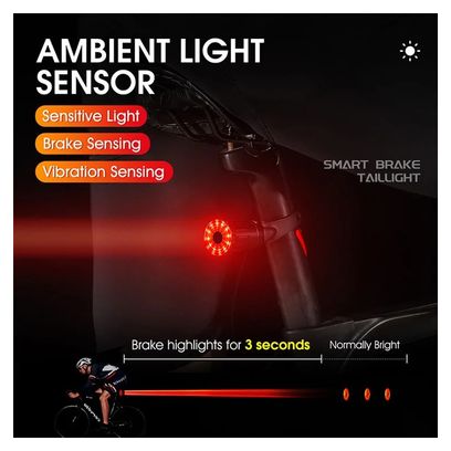 Feu arrière de vélo LED rechargeable USB à induction de frein intelligent