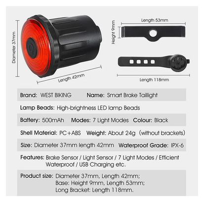 Feu arrière de vélo LED rechargeable USB à induction de frein intelligent