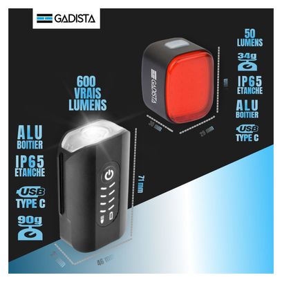 Set Lumiere Velo Avant et Arriere rechargeable en Alu avec Affichage du Niveau de batterie