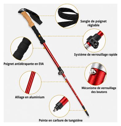 Bâtons de marche nordique en Aluminium  pliables SHOCKPROOF rouge - VOXOR