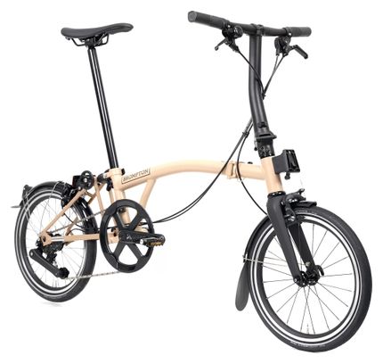 Bicicleta plegable Brompton P-Line de 4 velocidades con manillar bajo, color Dune Sand