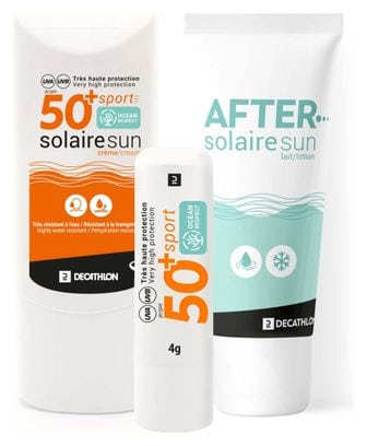 Decathlon Sonnenschutz-Set: Sonnencreme SPF 50+, Lippenpflegestift SPF 50+, After-Sun-Gel