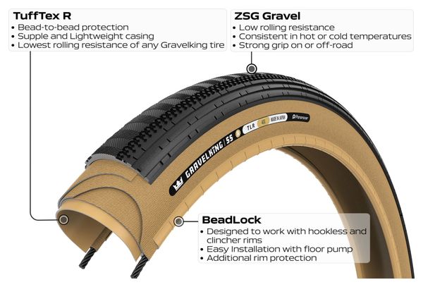 Pneu Gravel Panaracer GravelKing SemiSlick R 700 mm Tubeless Ready Souple ZSG Gravel Compound BeadLock TuffTex R Noir Flancs Beiges