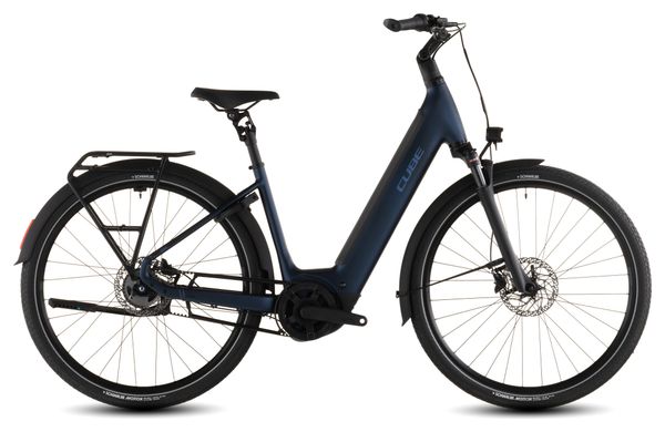 Bicicleta urbana eléctrica Cube Supreme Hybrid Deluxe One 600 con acceso fácil, transmisión por correa Shimano Nexus 5S, batería de 600 Wh y manillar de 700 mm, color azul índigo, 2026