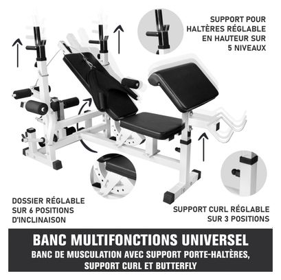 Banc de musculation universel avec supports d'haltères - Noir ou Blanc - Couleur : BLANC
