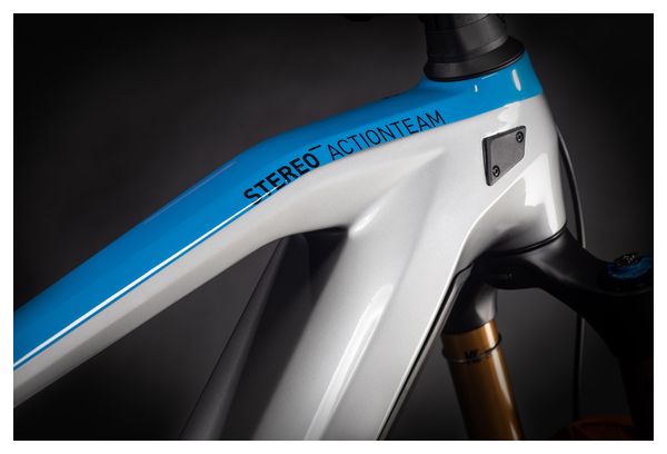 Cube Stereo Hybrid 160 HPC Actionteam 625 27.5 Kiox Elektrische Vollfederung MTB Shimano XT 12S 625 Wh 27.5'' Actionteam Grau Blau Orange 2021