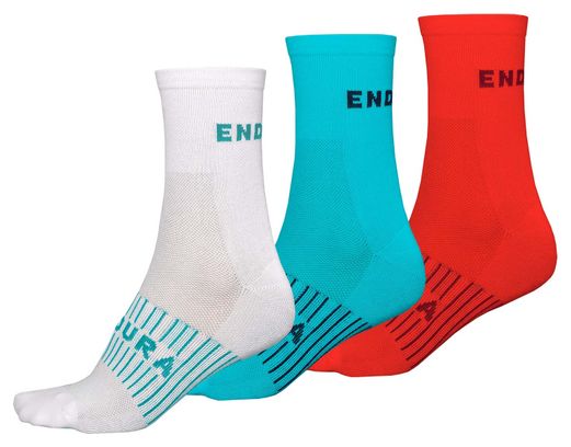 3 Paires de Chaussettes ENDURA Femme CoolMaxr Race Blanc Bleu Rouge