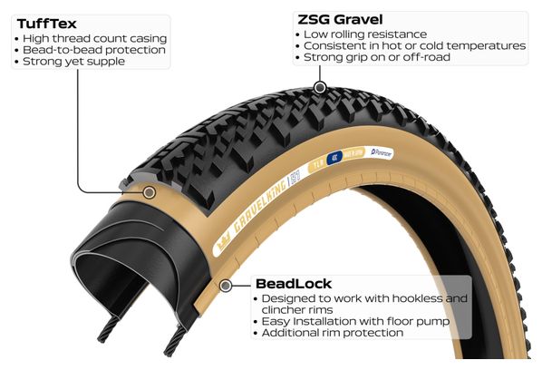 Pneu Gravel Panaracer GravelKing X1 700 mm Tubeless Ready Souple ZSG Gravel Compound BeadLock TuffTex Noir Flancs Beiges