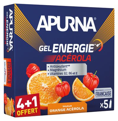 5er-Pack Energie-Gels Apurna Energie Schwierige Passagen Acerola Orange 5x35g