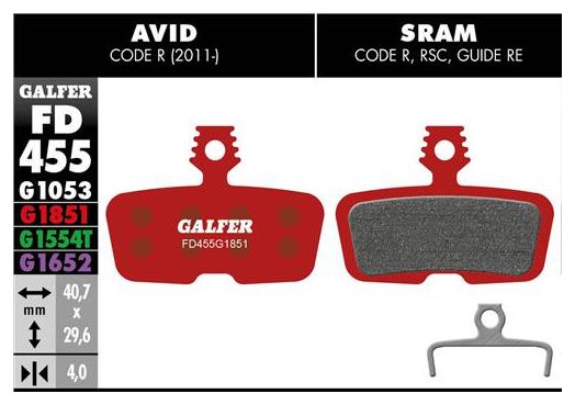 Paire de Plaquettes Galfer Semi-métalliques Sram Code R  RSC  Guide RE / Avid Code R (2011..) Advanced