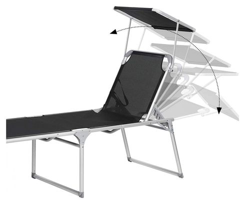 Chaise longue bain de soleil transat de relaxation grand modèle 65 x 200 x 48 cm charge 150 kg avec dossier et parasol inclinables pliable pour balcon terrasse noir