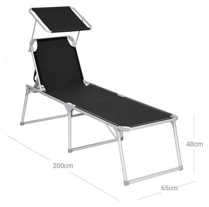 Chaise longue bain de soleil transat de relaxation grand modèle 65 x 200 x 48 cm charge 150 kg avec dossier et parasol inclinables pliable pour balcon terrasse noir