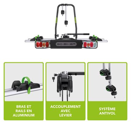 Porte-Vélos sur Boule d'Attelage E-TREK pour 2 vélos électriques - Système de Sécurité - Châssis Acier/Aluminium - 30kg/rail