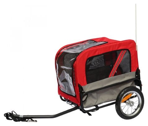 Remorque velo utilitaire maxi 40kg colori rouge avec roues 12  fixation axe de roue arriere - pour transport chien-bagage - 2 ouvertures (avant+arrière) + bras supplementaire