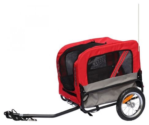 Remorque velo utilitaire maxi 40kg colori rouge avec roues 12  fixation axe de roue arriere - pour transport chien-bagage - 2 ouvertures (avant+arrière) + bras supplementaire