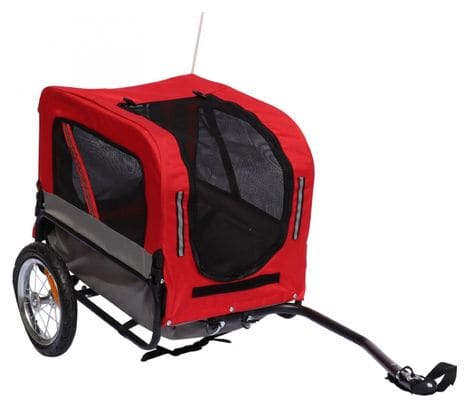 Remorque velo utilitaire maxi 40kg colori rouge avec roues 12  fixation axe de roue arriere - pour transport chien-bagage - 2 ouvertures (avant+arrière) + bras supplementaire