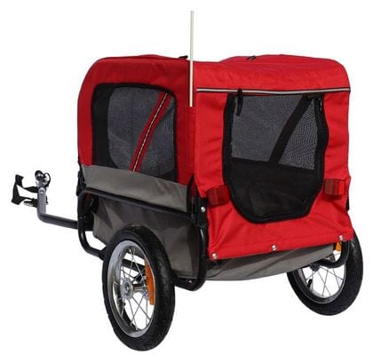 Remorque velo utilitaire maxi 40kg colori rouge avec roues 12  fixation axe de roue arriere - pour transport chien-bagage - 2 ouvertures (avant+arrière) + bras supplementaire