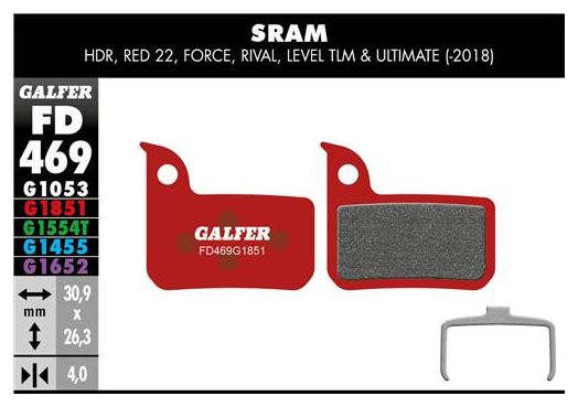 Pair of Galfer Semi-metallic Sram HDR, Red 22, Force, Rival, Level, Level TLM / Ultimate Advanced Brake Pads