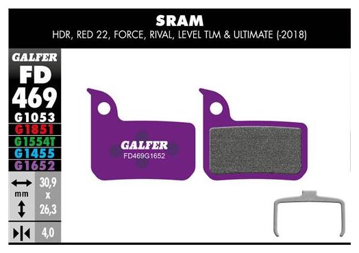Paar Galfer Semi-Metallic Sram HDR, Rot 22, Force, Rival, Level, Level TLM / Ultimate E-Bike-Bremsbeläge
