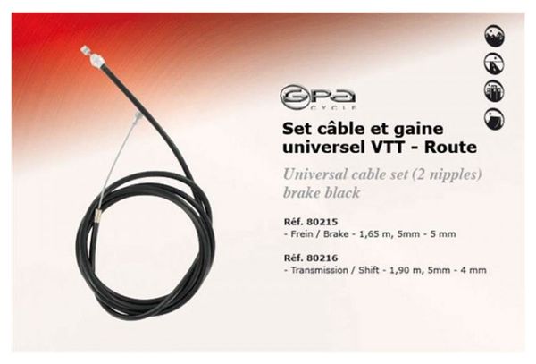 GPA CYCLE Kit Frein Cable et Gaine Universel VTT/Route 1.65m/5mm