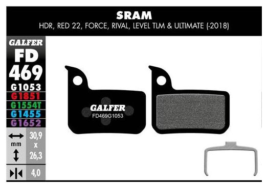 Pair of Galfer Semi-metallic Sram HDR, Red 22, Force, Rival, Level, Level TLM / Ultimate Standard Brake Pads