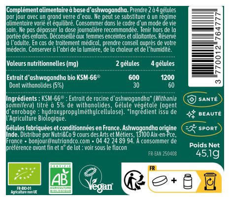 Ashwagandha Bio - KSM-66 - Masse musculaire - 120 gélules