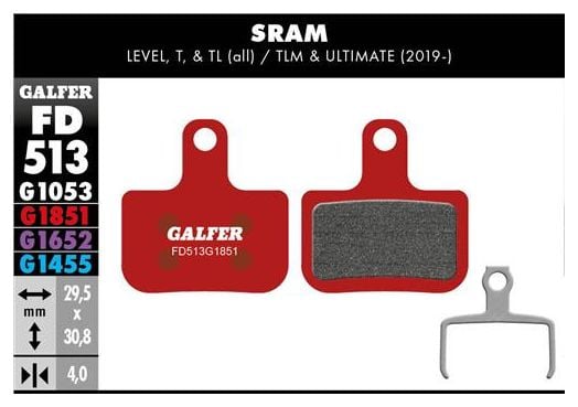 Pair of Galfer Semi-metallic Sram Level Level T Level TL brake pads. Advanced