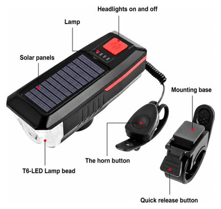 Phare Velkyne Avant Solaire USB Rechargeable 350 Lumens Klaxon 120 dB Rouge