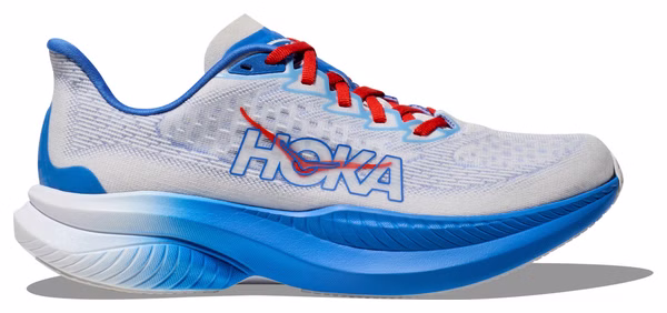 Hoka Mach 6 Running Shoes White/Blue/Red Men display picture 1