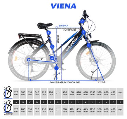 Vélo Electrique Urbanbiker  VTC Viena 23 bleu 28"  Moteur arrière 250W  720WH(48v 15Ah)