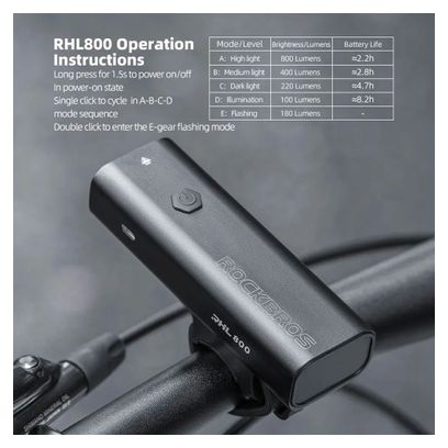 Lampe avant de vélo Rockbros  800 lm + câble USB-C - USB-A