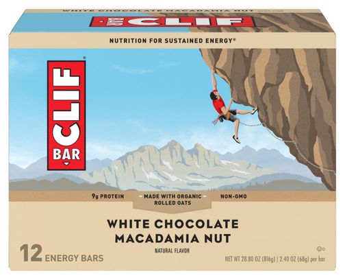 12 Barres énergétiques CLIF BAR Chocolat blanc Noix de Macadamia 68g