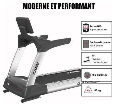 Tapis de course professionnel - 25km/h - CARE - CLUB RUNNER écran TFT