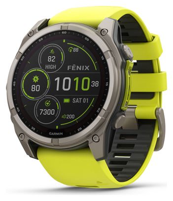 Montre GPS Garmin Fénix 8 Solar - 51 mm Sapphire Titane avec Bracelet en Silicone Jaune Graphite