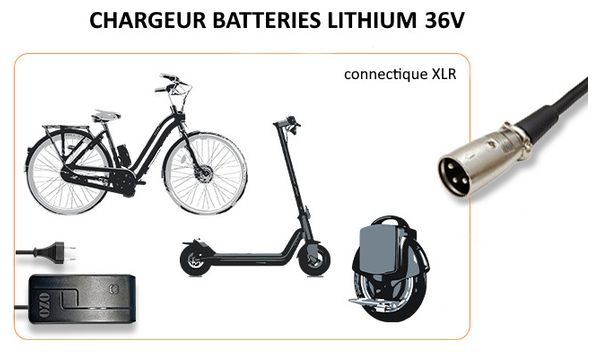 Chargeur 36V 2A pour batterie Lithium  de vélo électrique prise XLR